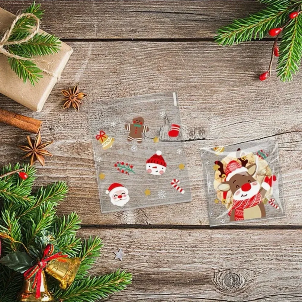 Christmas Self-Adhesive Transparent Plastic Gift Bags 25 ct w/ 5 Designs-NIP